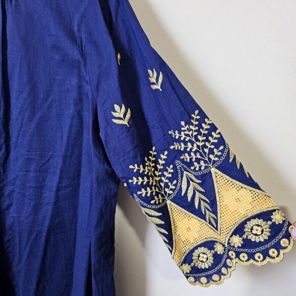 LIKE NEW UMGEE ELECTRIC BLUE SPLIT V NECK EMBROIDERED SLEEVES SHORT DRESS L - Picture 7 of 13